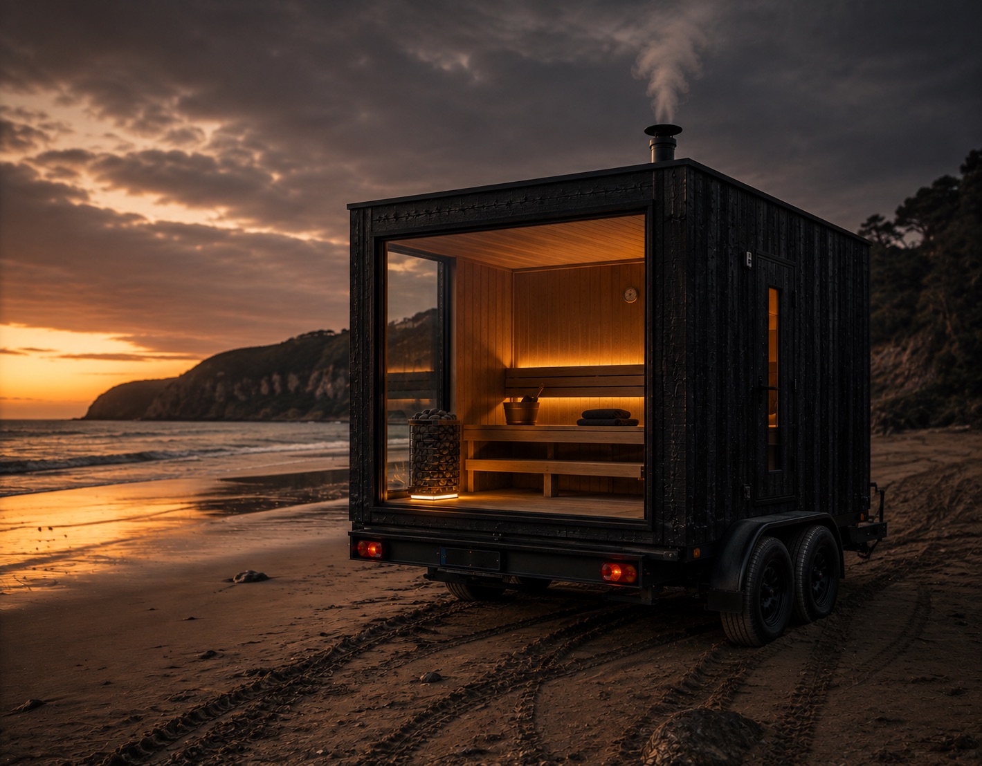 Trailer sauna parked on the sand at dusk, glowing interior facing the sea