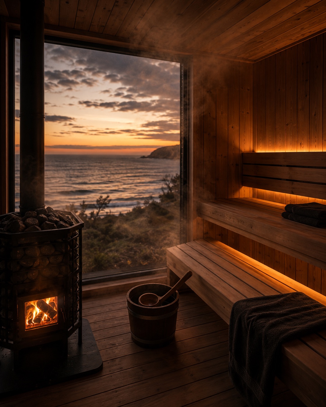Sauna interior with wood stove and glass wall facing the ocean sunset