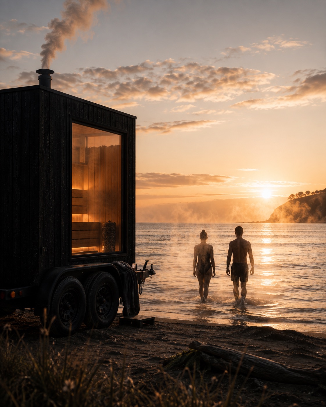 Two bathers walking from the sauna into the ocean at dawn