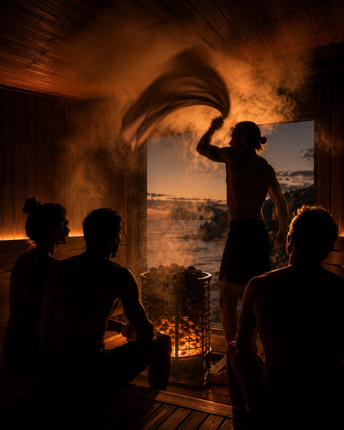 Sauna master swinging a towel through steam above the stove