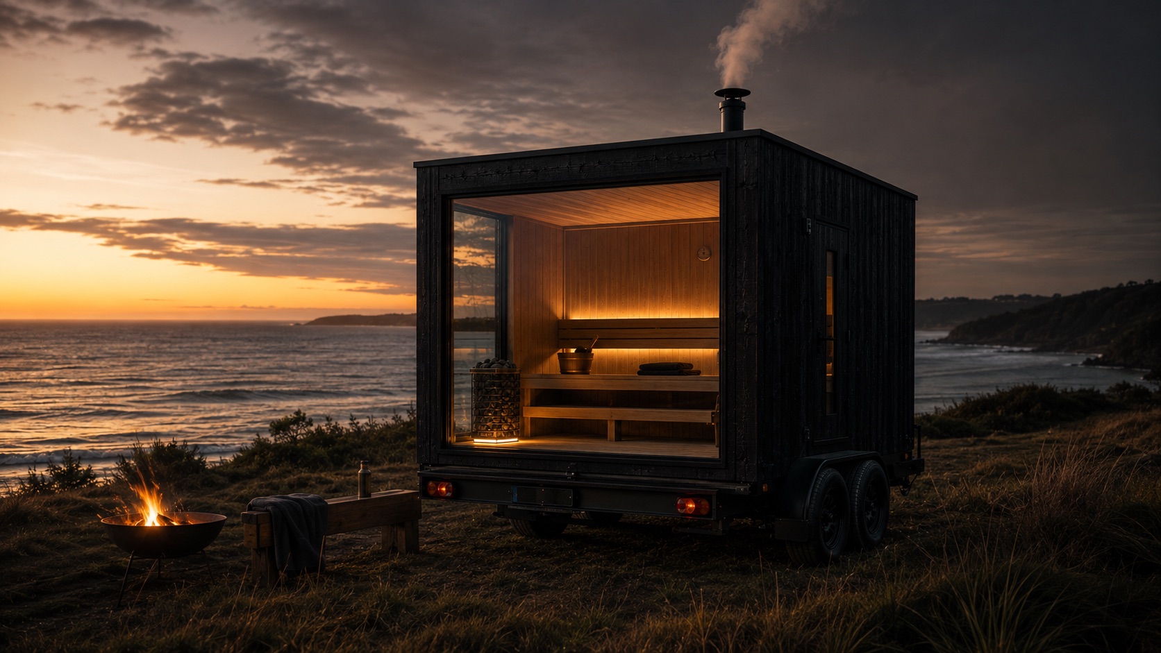 Wood-fired trailer sauna on a coastal headland at dusk